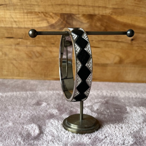 House of Harlow 1960 Jewelry - House of Harlow Sunburst Pave Rhinestones Bangle Bracelet Black Leather inlay